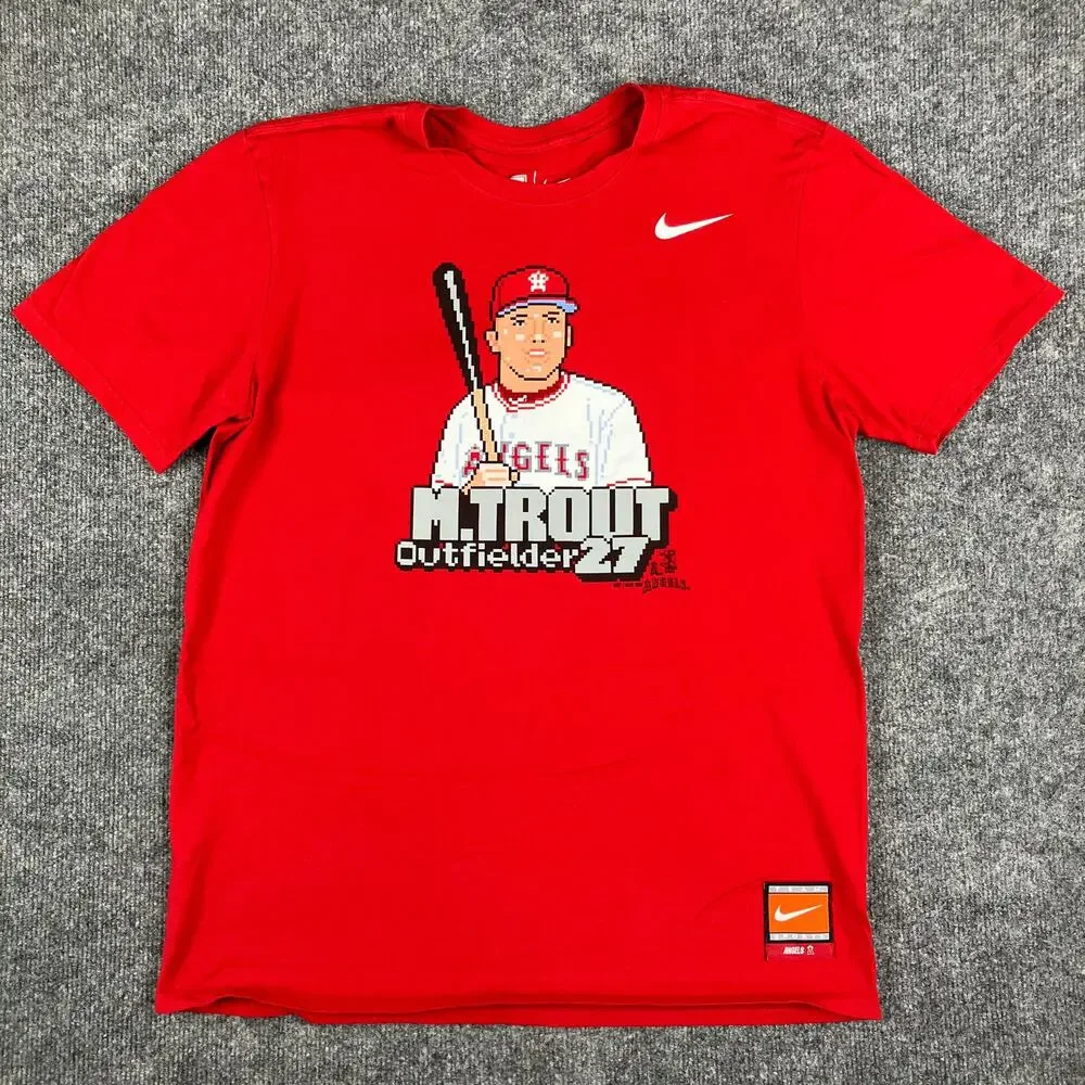 Nike Mike Trout T-Shirt Mens Large Red Angels MLB Graphic Athletic Crewneck Tee